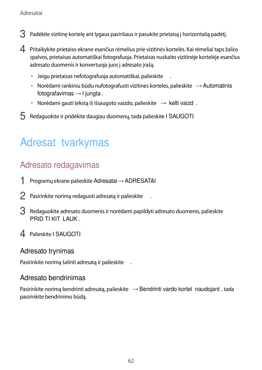 Samsung SM-T700NZWASEB, SM-T700NTSASEB Adresatų tvarkymas, Adresato redagavimas, Adresato trynimas, Adresato bendrinimas 