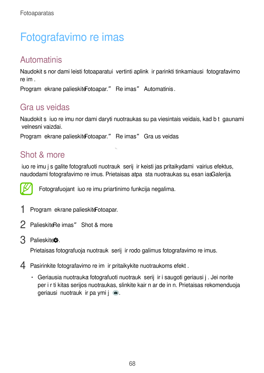 Samsung SM-T700NZWASEB manual Fotografavimo režimas, Automatinis, Gražus veidas, Palieskite Režimas →Shot & more 