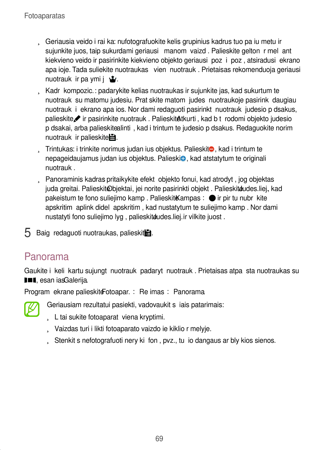 Samsung SM-T700NTSASEB, SM-T700NZWASEB manual Panorama, Baigę redaguoti nuotraukas, palieskite, Esančias Galerija 