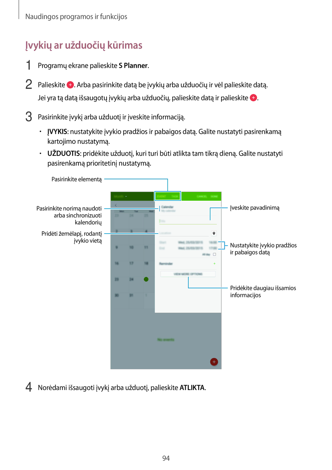 Samsung SM-T700NZWASEB manual Įvykių ar užduočių kūrimas, Programų ekrane palieskite S Planner, Kartojimo nustatymą 