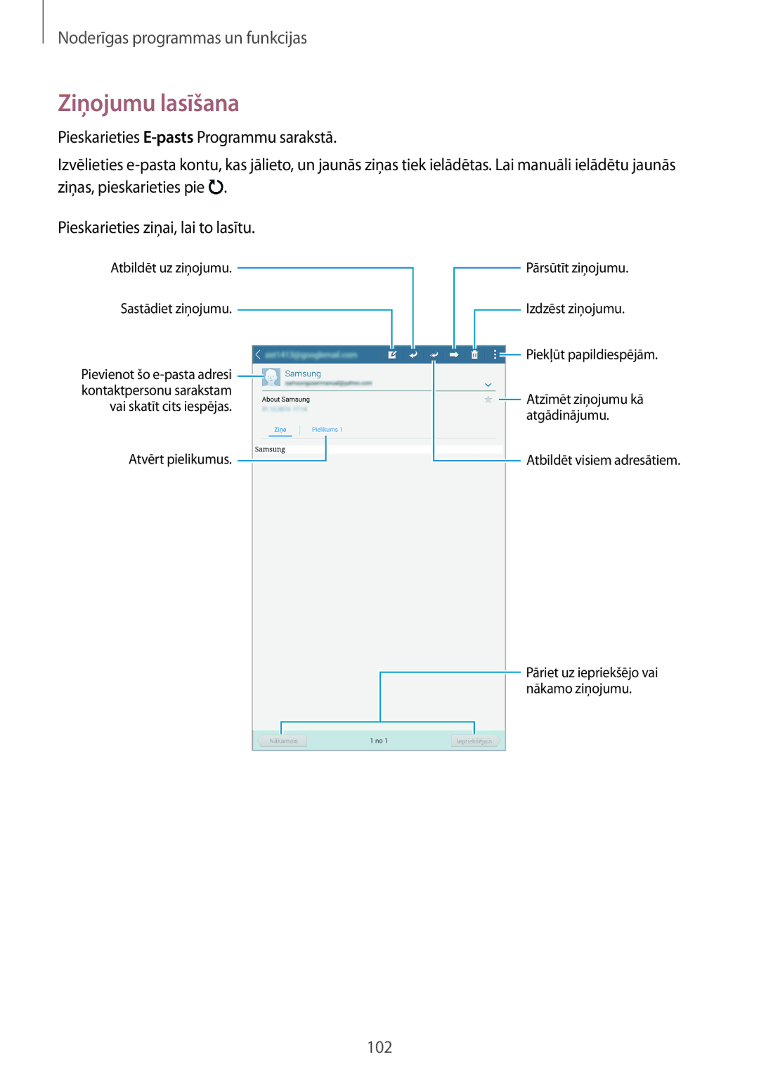 Samsung SM-T700NZWASEB, SM-T700NTSASEB manual Ziņojumu lasīšana 