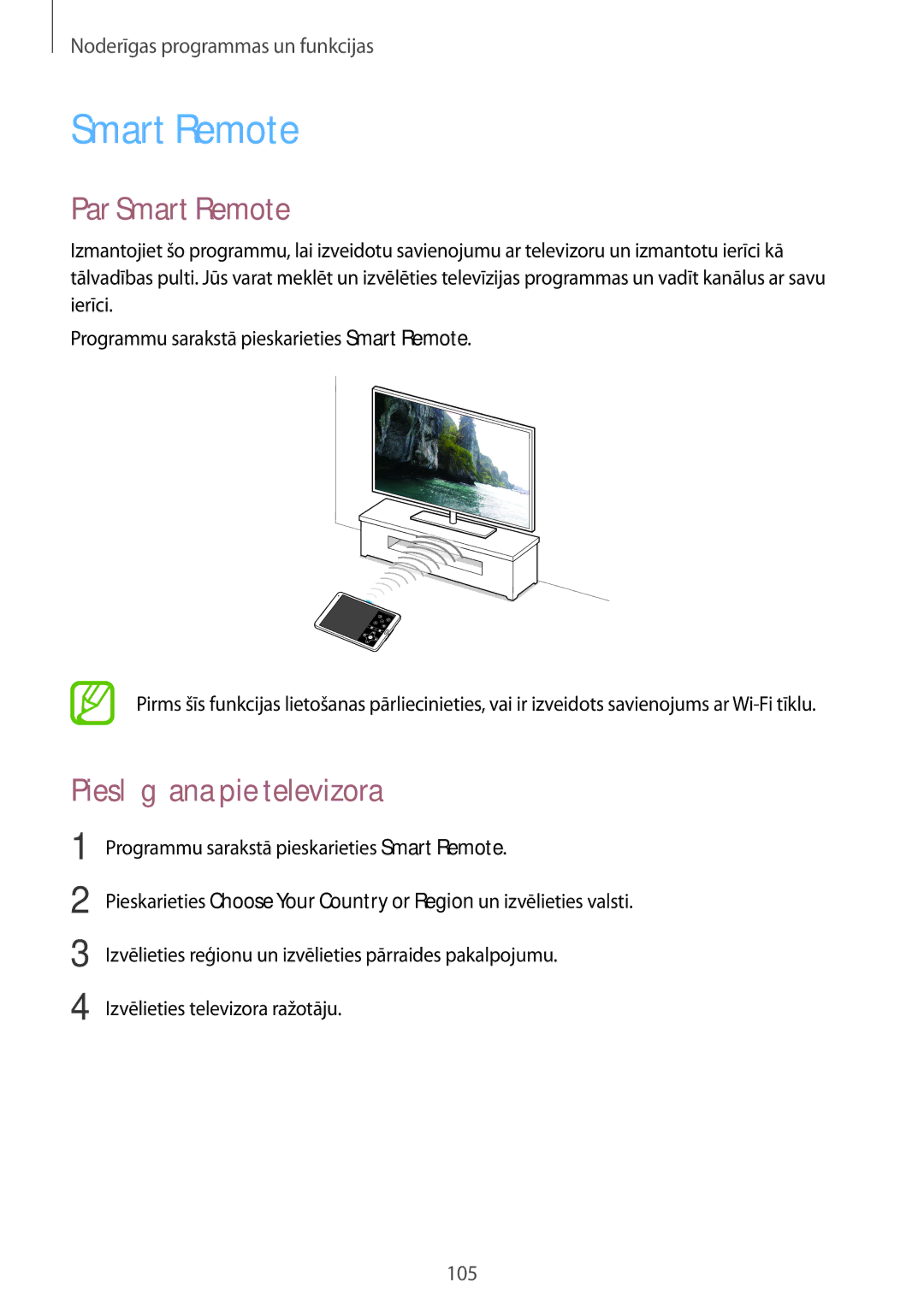 Samsung SM-T700NTSASEB, SM-T700NZWASEB manual Par Smart Remote, Pieslēgšana pie televizora 