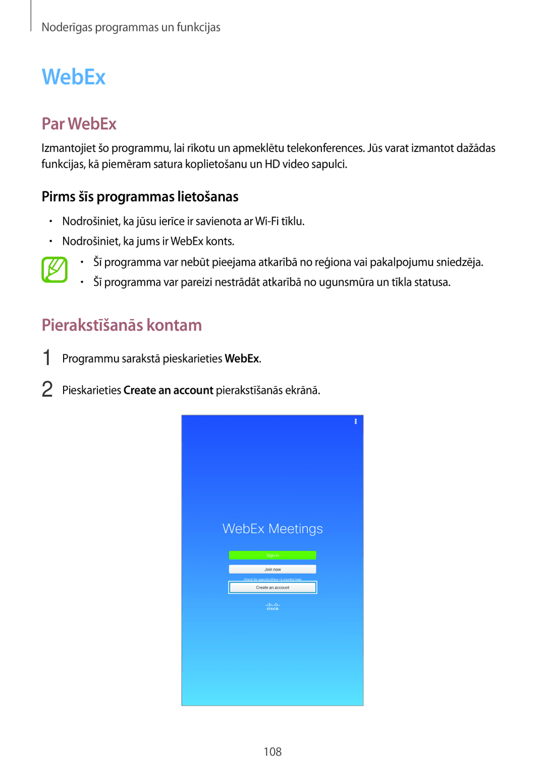 Samsung SM-T700NZWASEB, SM-T700NTSASEB manual Par WebEx, Pierakstīšanās kontam, Pirms šīs programmas lietošanas 