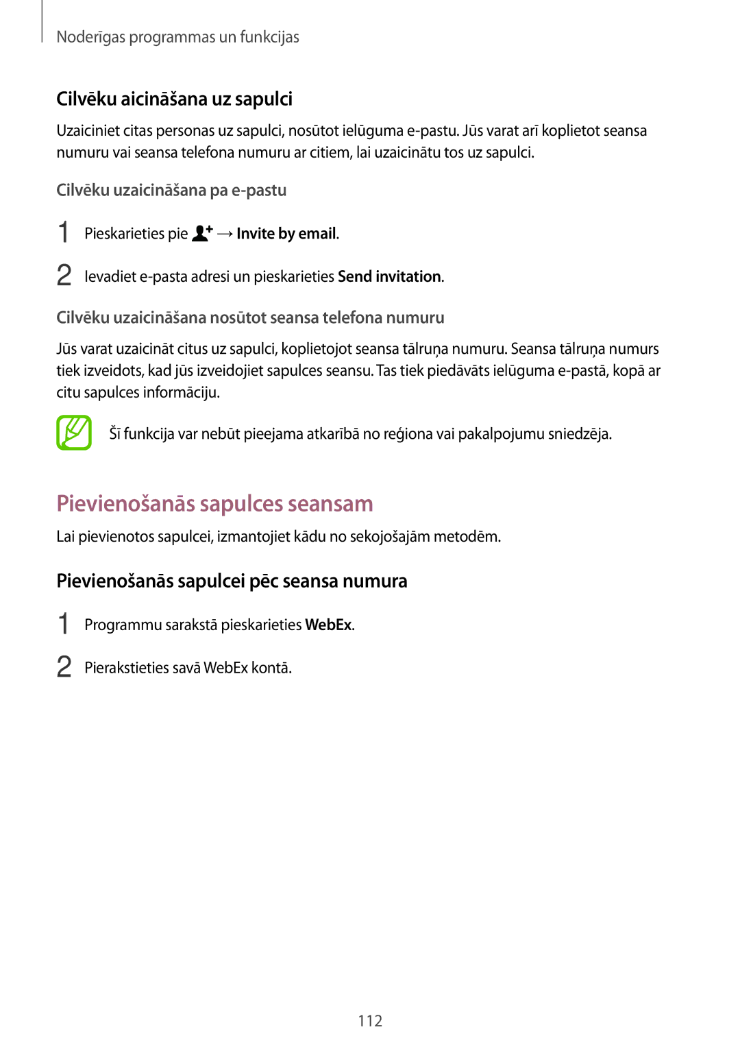 Samsung SM-T700NZWASEB Pievienošanās sapulces seansam, Cilvēku aicināšana uz sapulci, Pieskarieties pie, →Invite by email 