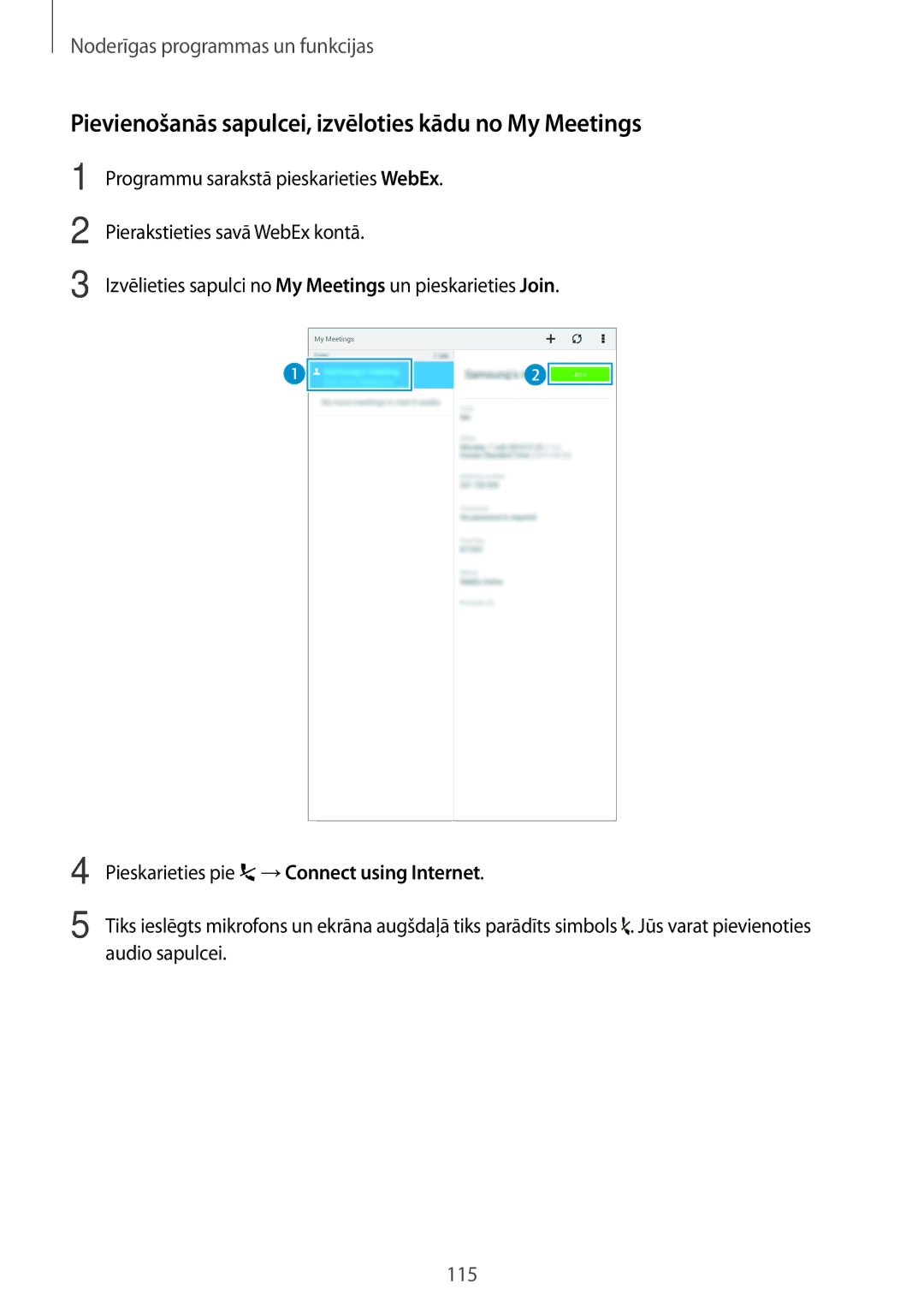 Samsung SM-T700NTSASEB, SM-T700NZWASEB manual Pievienošanās sapulcei, izvēloties kādu no My Meetings 