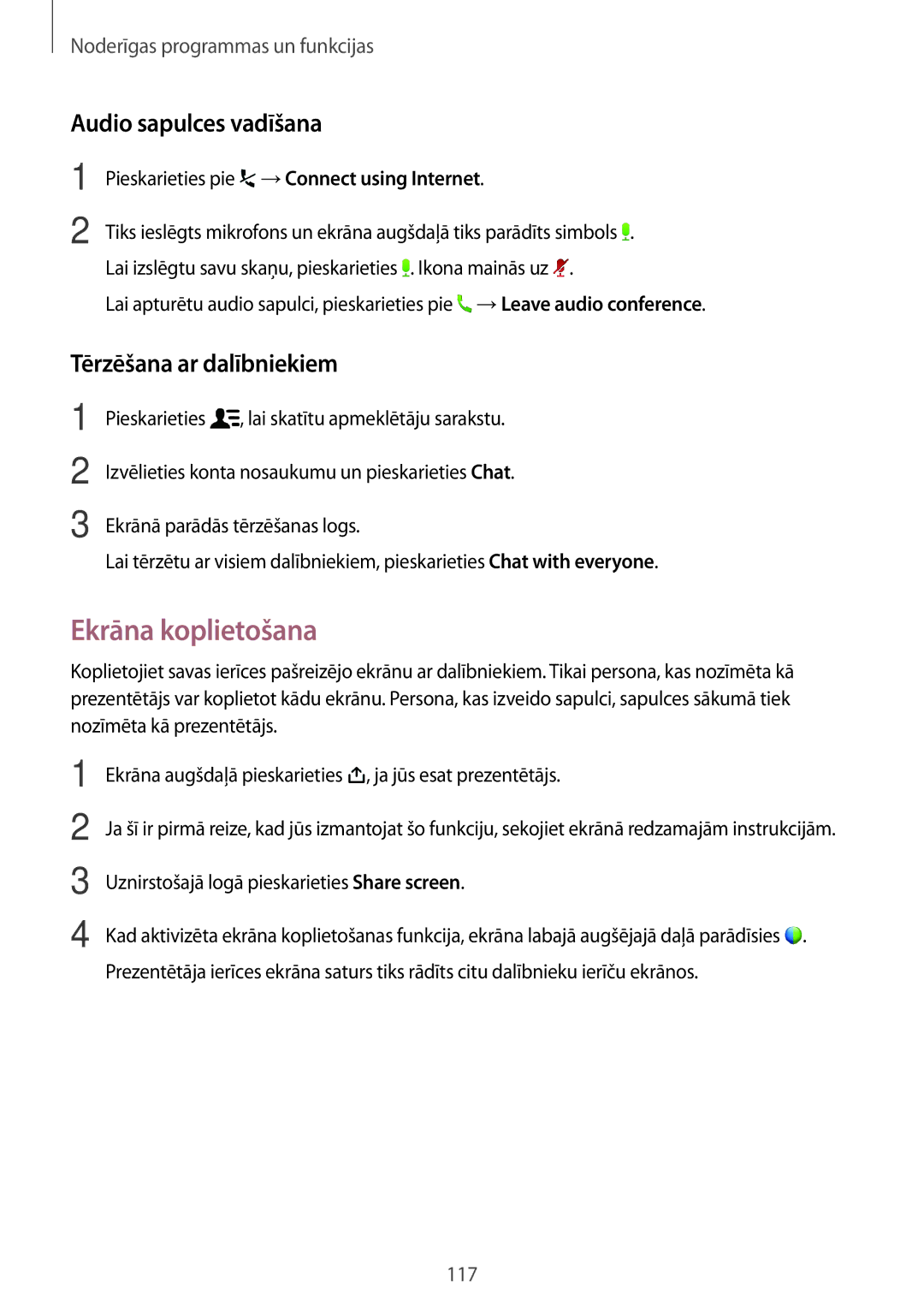 Samsung SM-T700NTSASEB, SM-T700NZWASEB manual Ekrāna koplietošana, Audio sapulces vadīšana, Tērzēšana ar dalībniekiem 