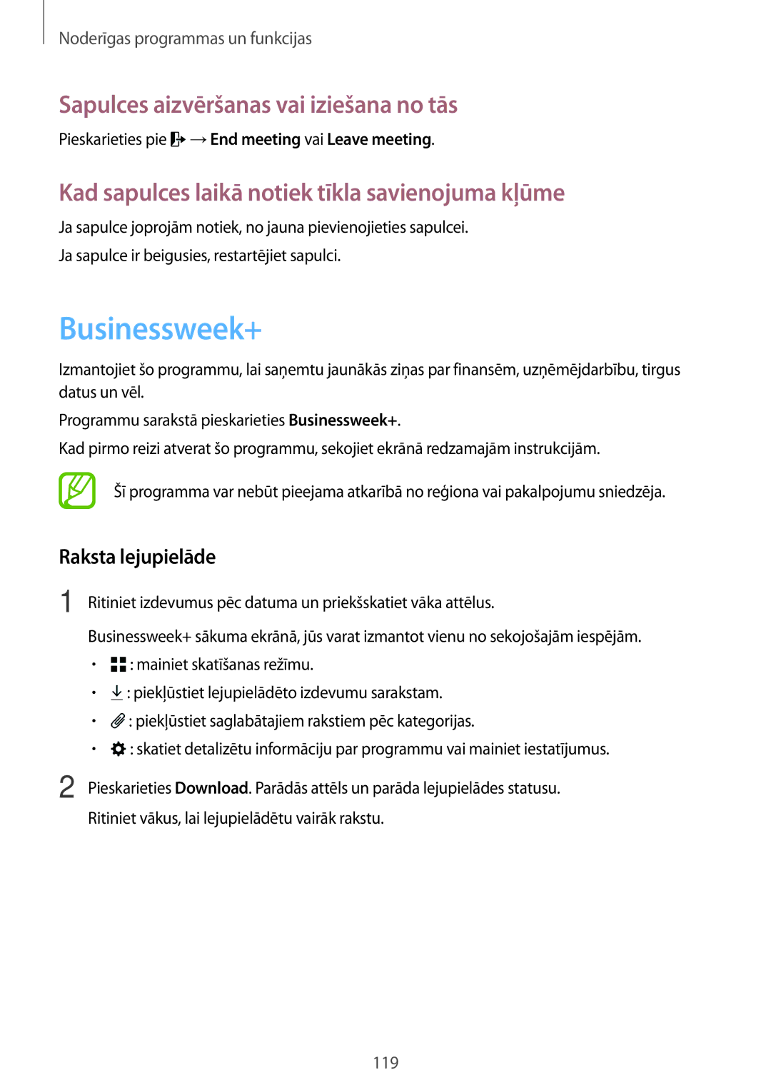 Samsung SM-T700NTSASEB, SM-T700NZWASEB manual Businessweek+, Sapulces aizvēršanas vai iziešana no tās, Raksta lejupielāde 