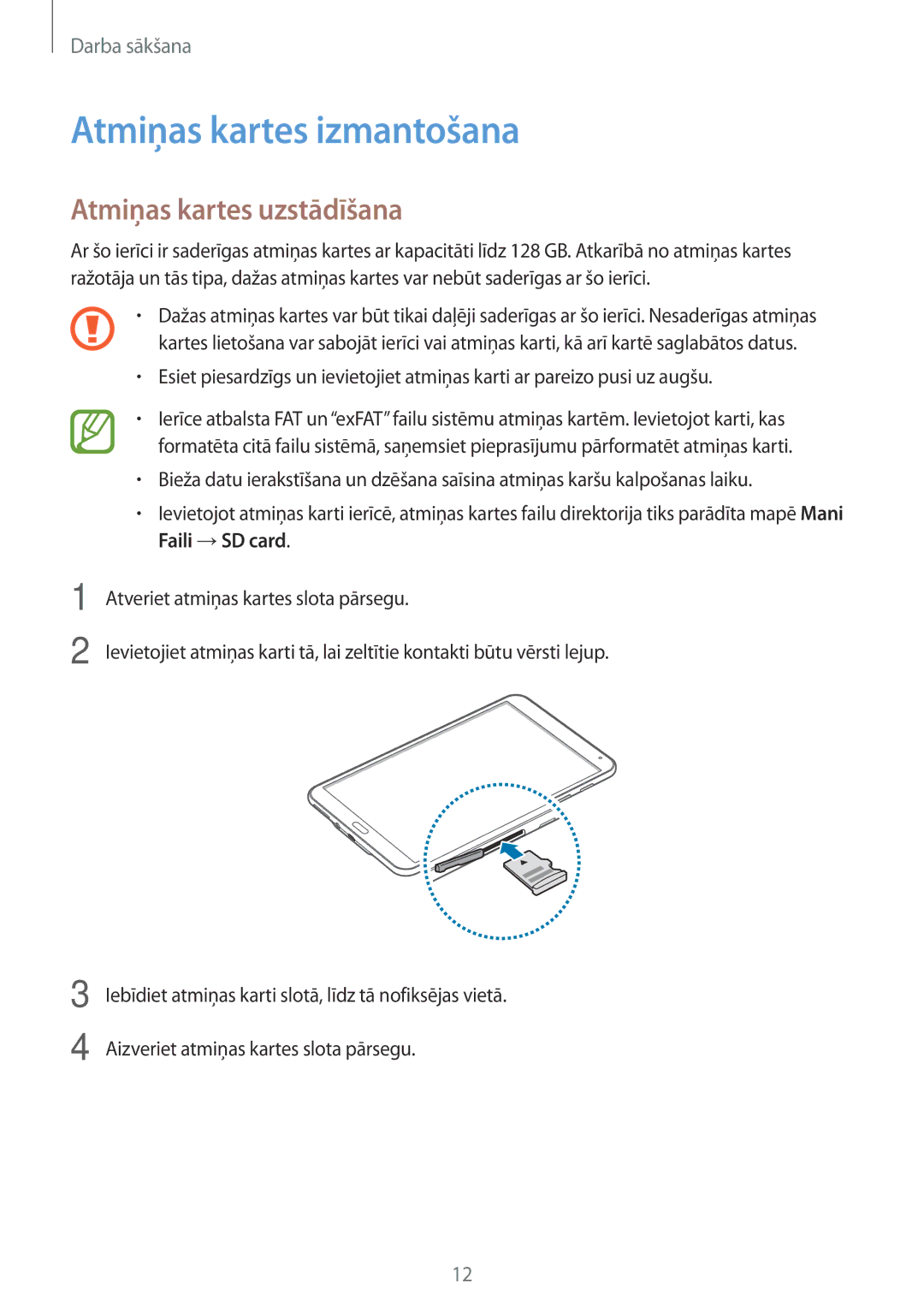 Samsung SM-T700NZWASEB, SM-T700NTSASEB manual Atmiņas kartes izmantošana, Atmiņas kartes uzstādīšana 