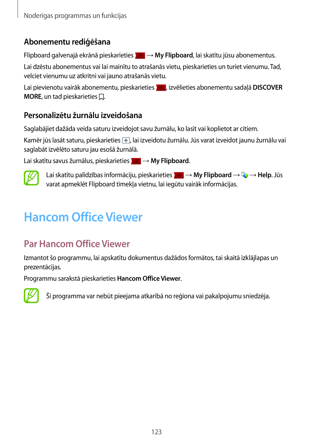 Samsung SM-T700NTSASEB manual Par Hancom Office Viewer, Abonementu rediģēšana, Personalizētu žurnālu izveidošana 