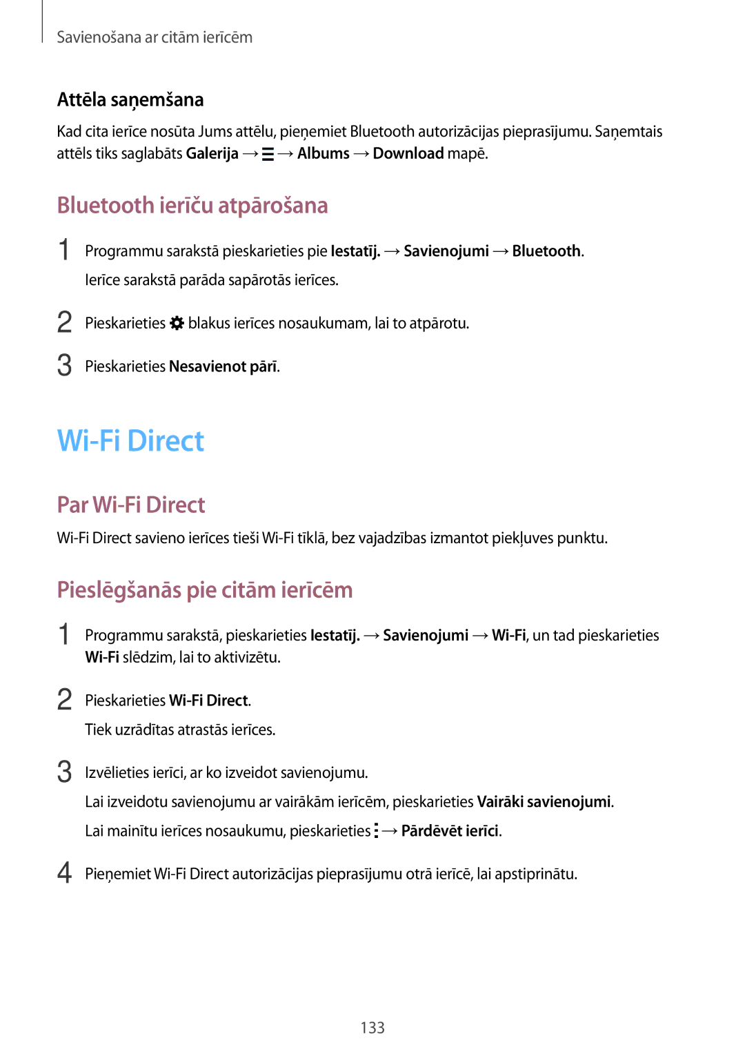 Samsung SM-T700NTSASEB Bluetooth ierīču atpārošana, Par Wi-Fi Direct, Pieslēgšanās pie citām ierīcēm, Attēla saņemšana 