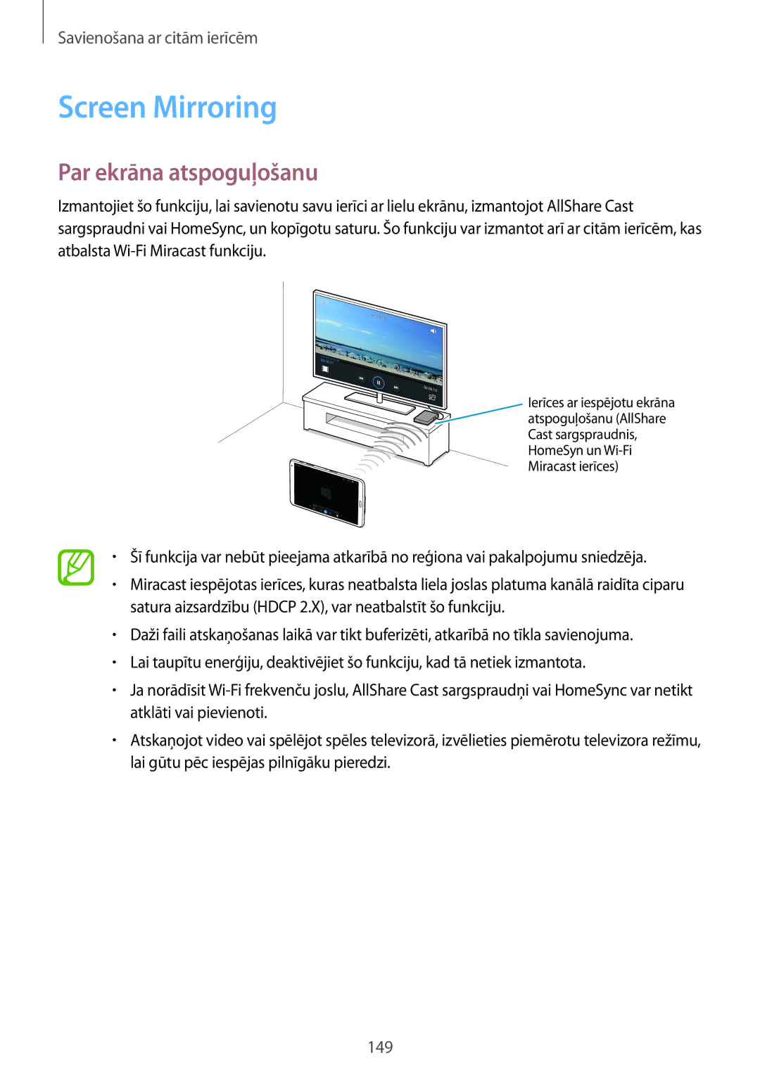 Samsung SM-T700NTSASEB, SM-T700NZWASEB manual Screen Mirroring, Par ekrāna atspoguļošanu 