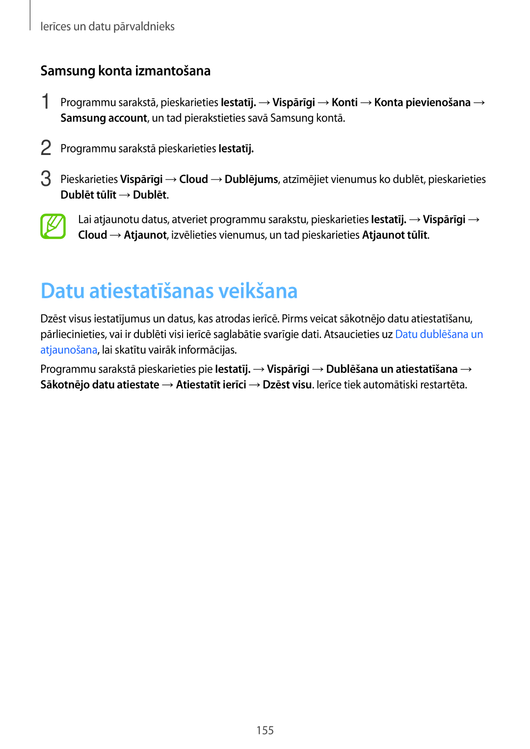 Samsung SM-T700NTSASEB, SM-T700NZWASEB manual Datu atiestatīšanas veikšana, Samsung konta izmantošana, Dublēt tūlīt →Dublēt 