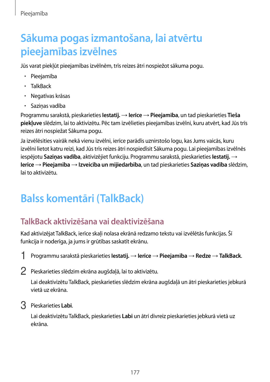 Samsung SM-T700NTSASEB manual Sākuma pogas izmantošana, lai atvērtu pieejamības izvēlnes, Balss komentāri TalkBack 