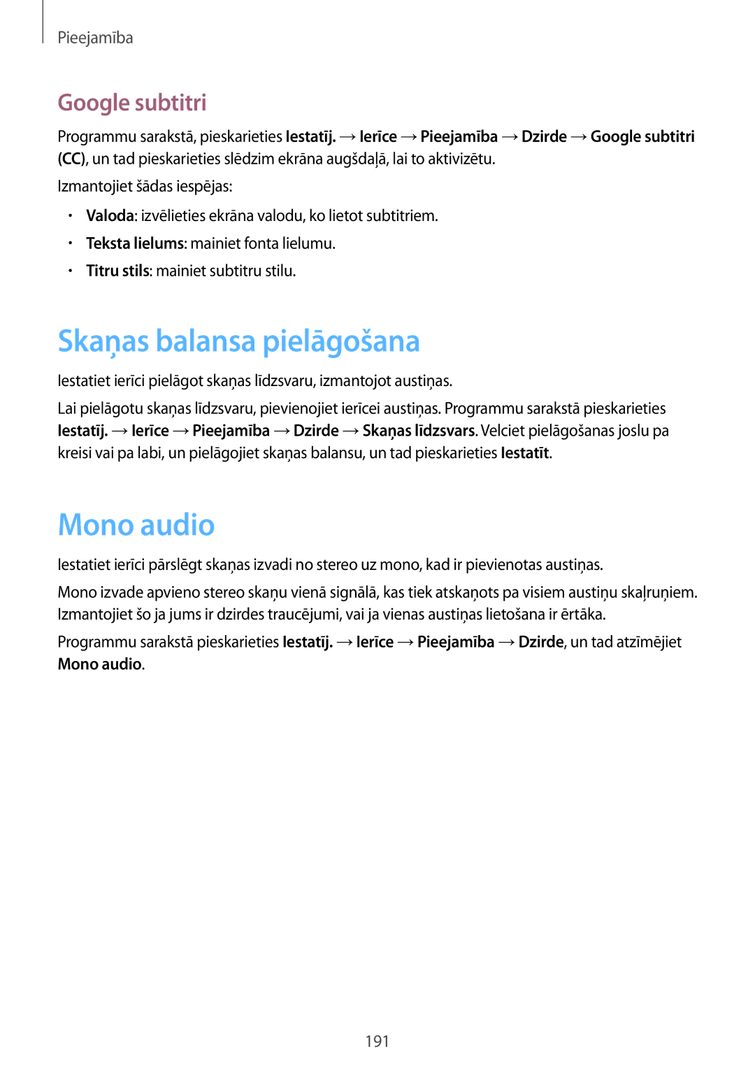 Samsung SM-T700NTSASEB, SM-T700NZWASEB manual Skaņas balansa pielāgošana, Mono audio, Google subtitri 