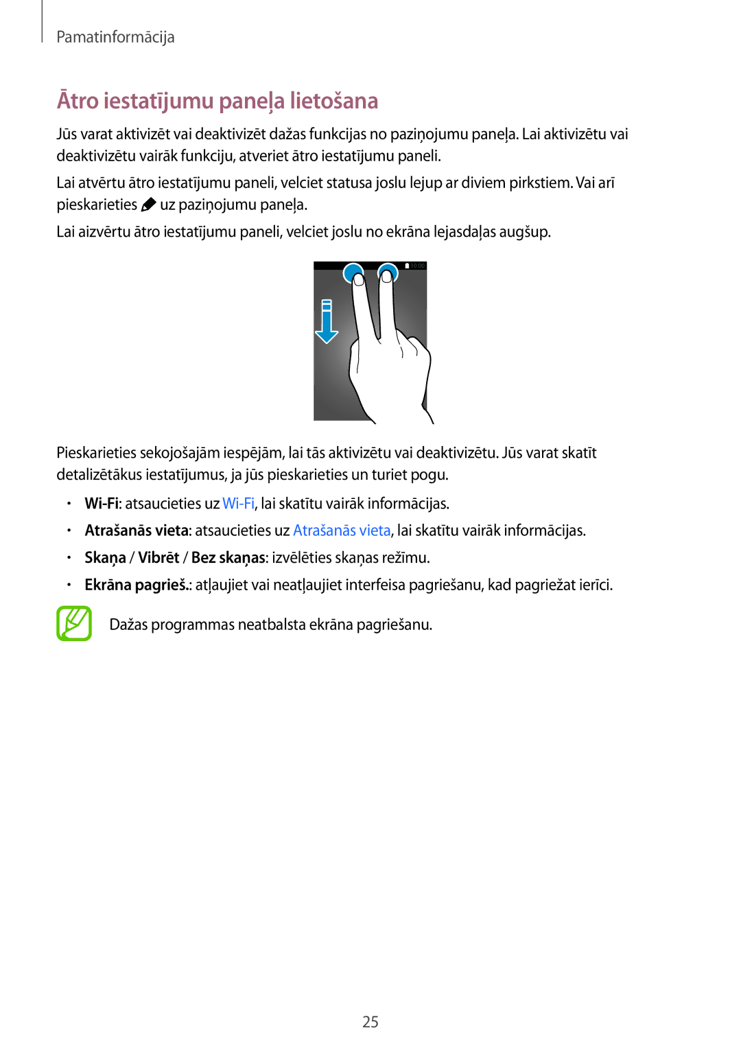 Samsung SM-T700NTSASEB, SM-T700NZWASEB manual Ātro iestatījumu paneļa lietošana 