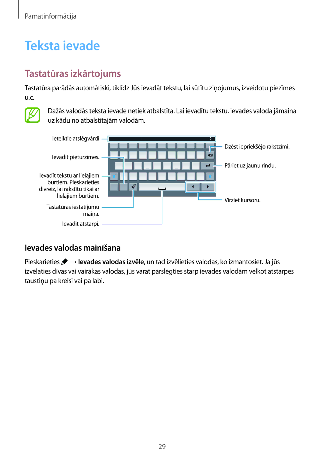 Samsung SM-T700NTSASEB, SM-T700NZWASEB manual Teksta ievade, Tastatūras izkārtojums, Ievades valodas mainīšana 