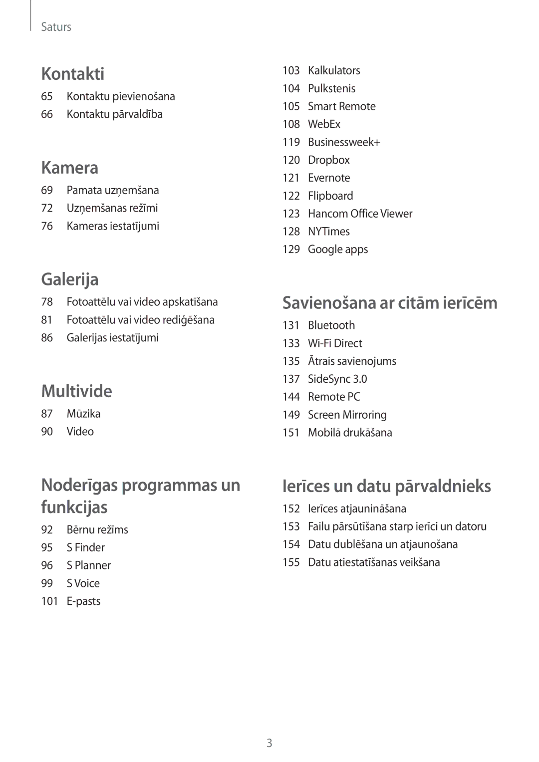 Samsung SM-T700NTSASEB, SM-T700NZWASEB manual Kontaktu pievienošana Kontaktu pārvaldība, 87 Mūzika Video 