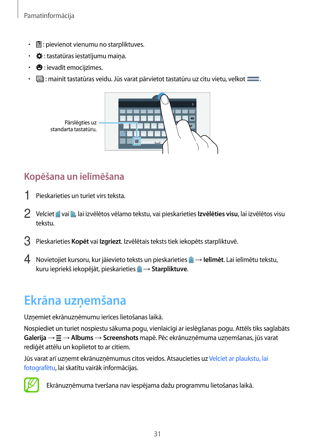 Samsung SM-T700NTSASEB, SM-T700NZWASEB manual Ekrāna uzņemšana, Kopēšana un ielīmēšana 