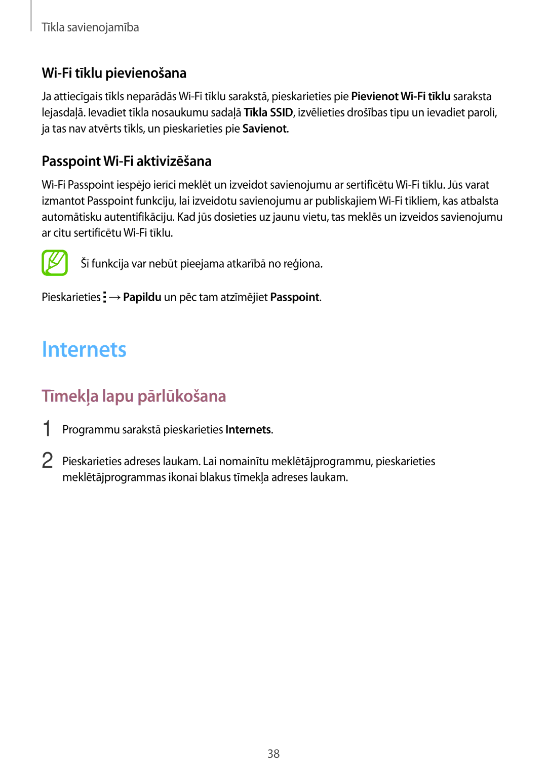 Samsung SM-T700NZWASEB manual Internets, Tīmekļa lapu pārlūkošana, Wi-Fi tīklu pievienošana, Passpoint Wi-Fi aktivizēšana 