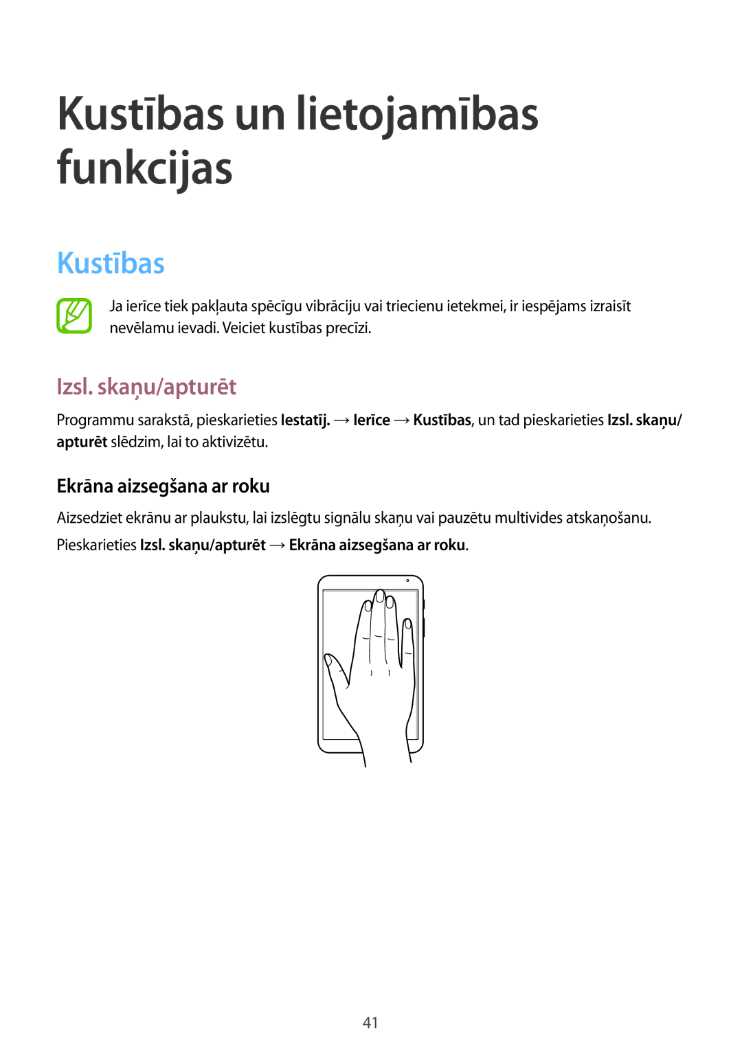 Samsung SM-T700NTSASEB, SM-T700NZWASEB manual Kustības, Izsl. skaņu/apturēt, Ekrāna aizsegšana ar roku 