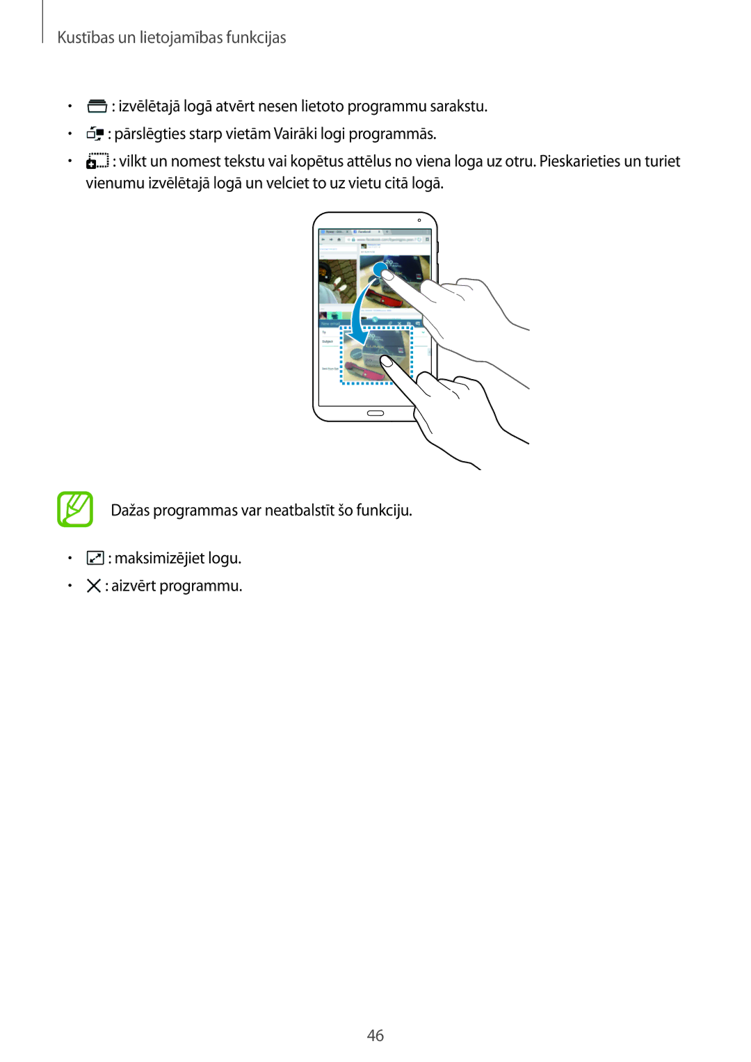 Samsung SM-T700NZWASEB, SM-T700NTSASEB manual Kustības un lietojamības funkcijas 