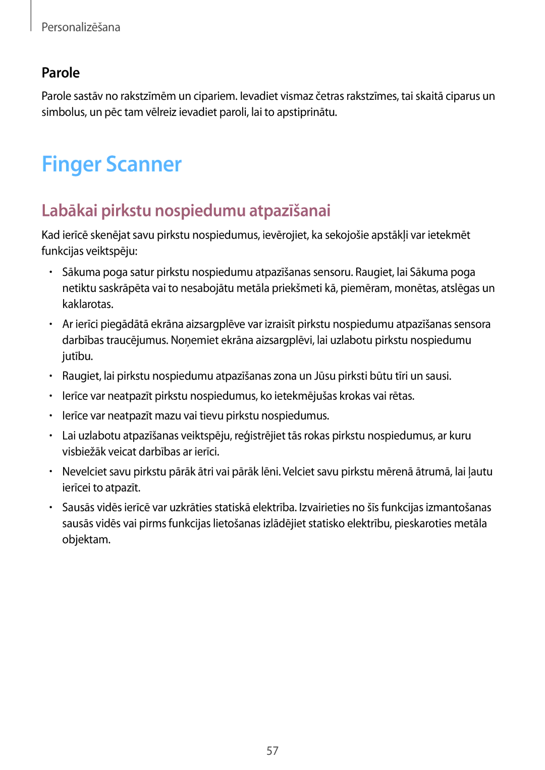 Samsung SM-T700NTSASEB, SM-T700NZWASEB manual Finger Scanner, Labākai pirkstu nospiedumu atpazīšanai, Parole 