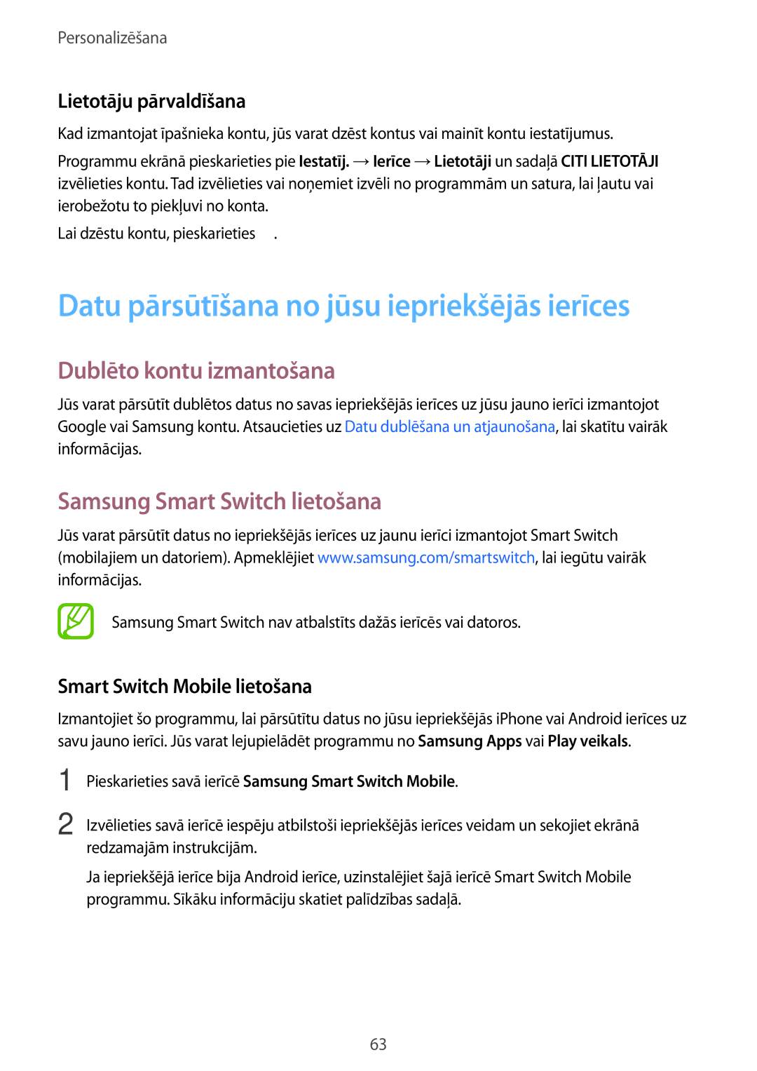 Samsung SM-T700NTSASEB Datu pārsūtīšana no jūsu iepriekšējās ierīces, Dublēto kontu izmantošana, Lietotāju pārvaldīšana 