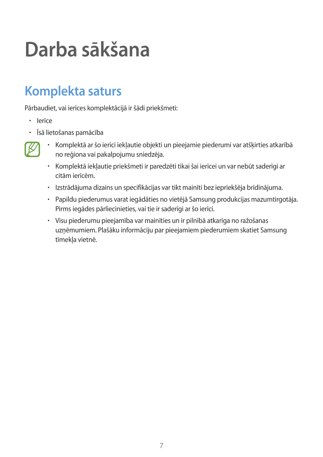 Samsung SM-T700NTSASEB, SM-T700NZWASEB manual Darba sākšana, Komplekta saturs 