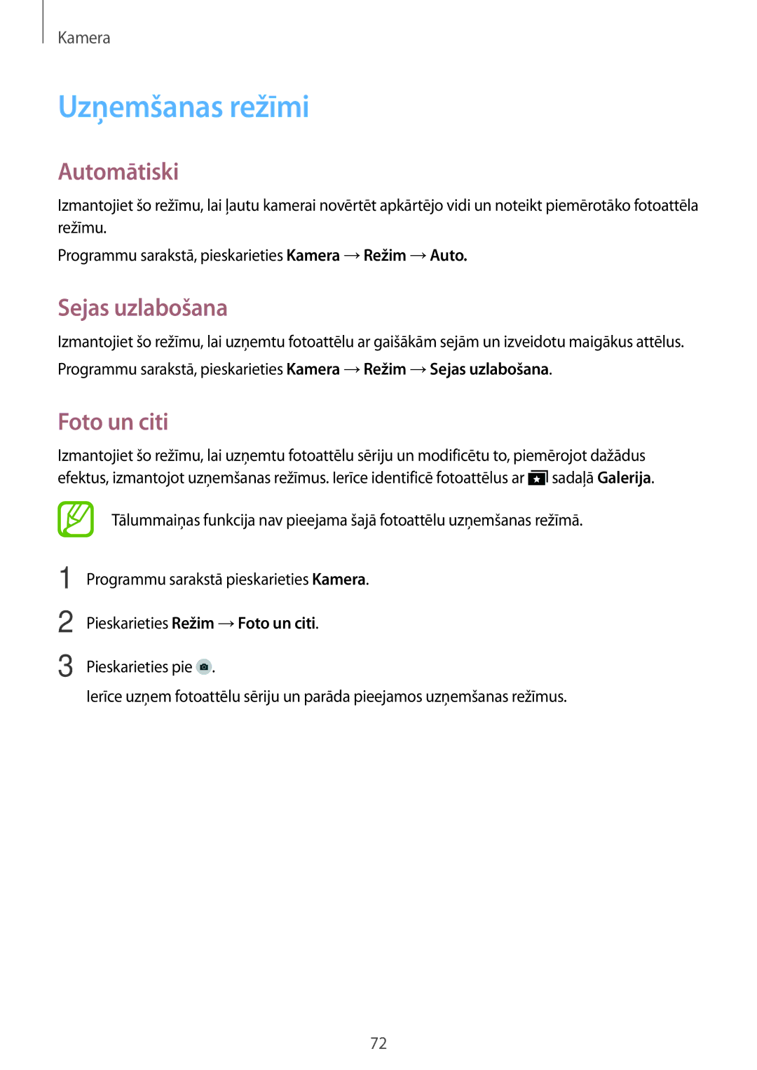 Samsung SM-T700NZWASEB manual Uzņemšanas režīmi, Automātiski, Sejas uzlabošana, Pieskarieties Režim →Foto un citi 
