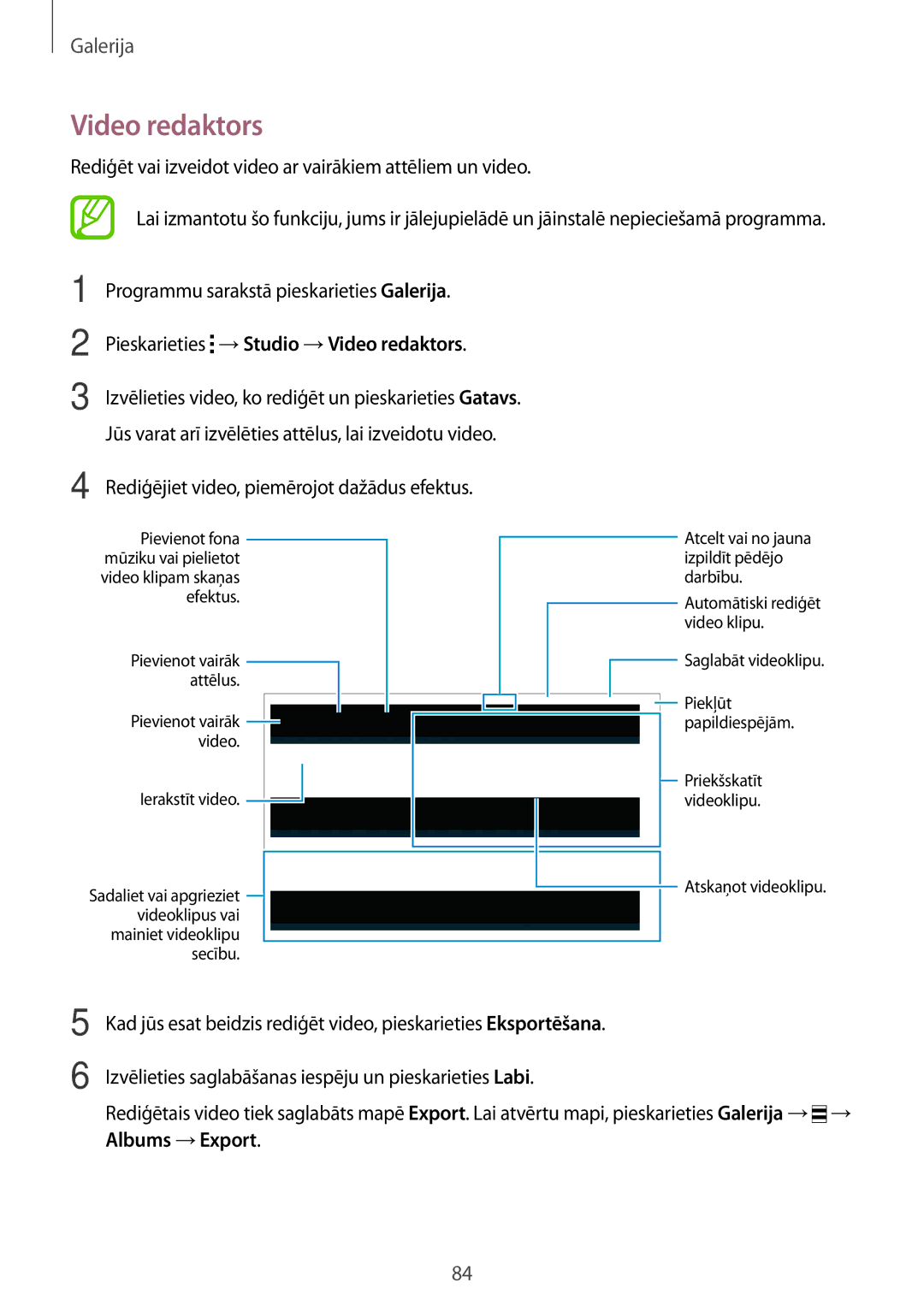 Samsung SM-T700NZWASEB, SM-T700NTSASEB manual Pieskarieties →Studio →Video redaktors 