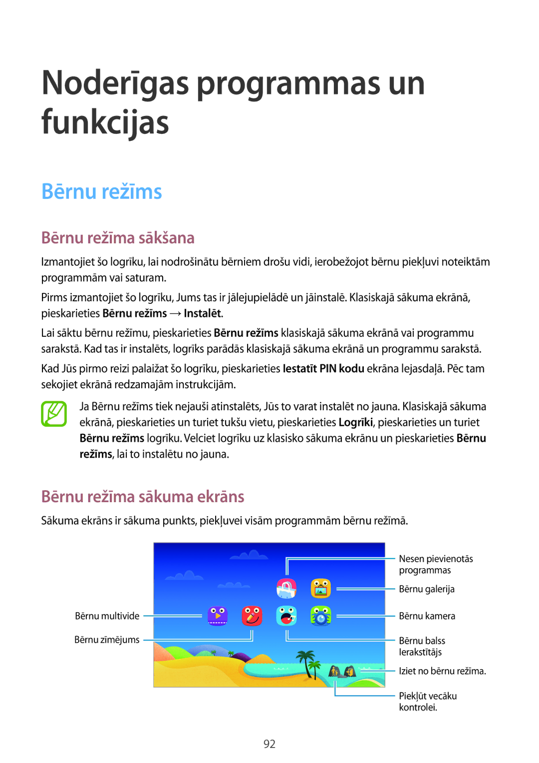 Samsung SM-T700NZWASEB, SM-T700NTSASEB manual Bērnu režīms, Bērnu režīma sākšana, Bērnu režīma sākuma ekrāns 