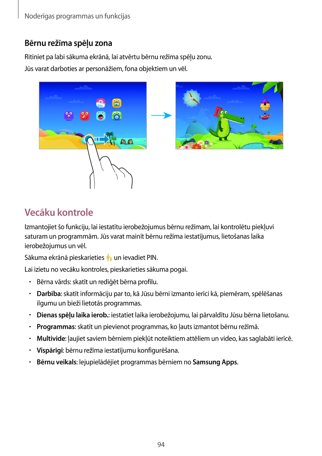 Samsung SM-T700NZWASEB, SM-T700NTSASEB manual Vecāku kontrole, Bērnu režīma spēļu zona 