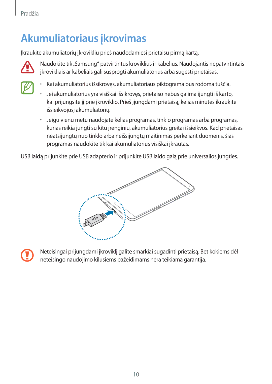 Samsung SM-T700NZWASEB, SM-T700NTSASEB manual Akumuliatoriaus įkrovimas 