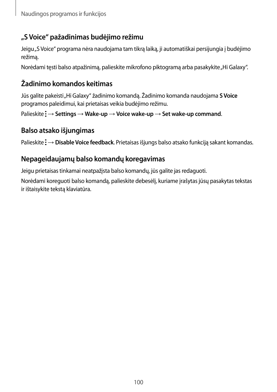 Samsung SM-T700NZWASEB manual „S Voice pažadinimas budėjimo režimu, Žadinimo komandos keitimas, Balso atsako išjungimas 