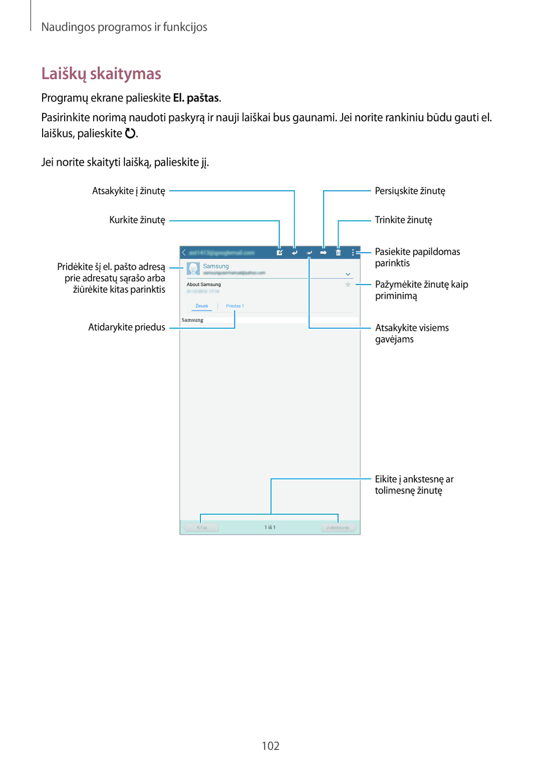 Samsung SM-T700NZWASEB, SM-T700NTSASEB manual Laiškų skaitymas 