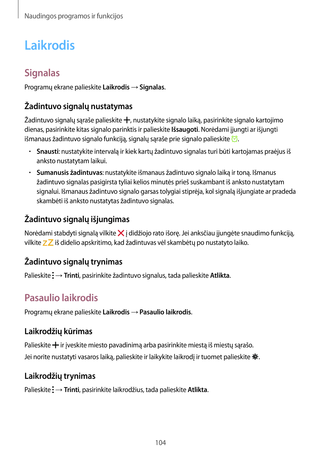 Samsung SM-T700NZWASEB, SM-T700NTSASEB manual Laikrodis, Signalas, Pasaulio laikrodis 