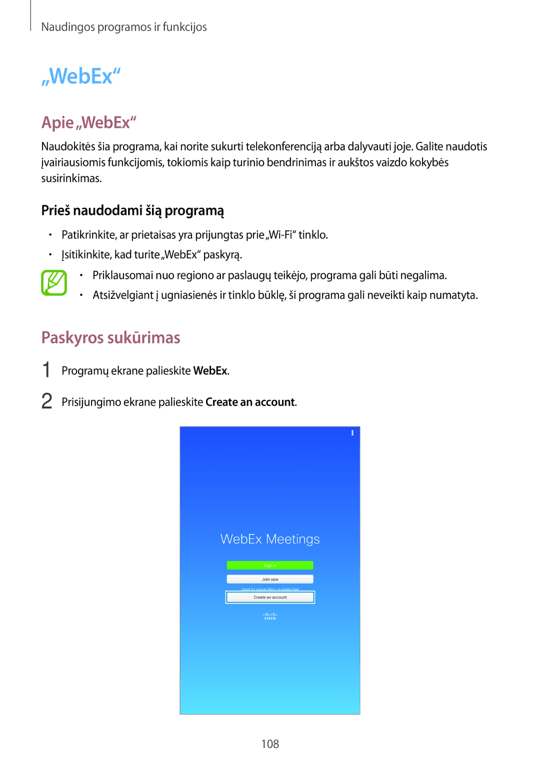 Samsung SM-T700NZWASEB, SM-T700NTSASEB manual Apie„WebEx, Paskyros sukūrimas, Prieš naudodami šią programą 