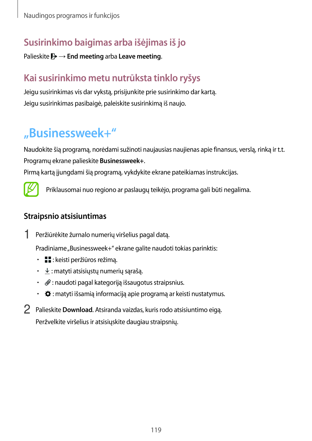 Samsung SM-T700NTSASEB, SM-T700NZWASEB „Businessweek+, Susirinkimo baigimas arba išėjimas iš jo, Straipsnio atsisiuntimas 