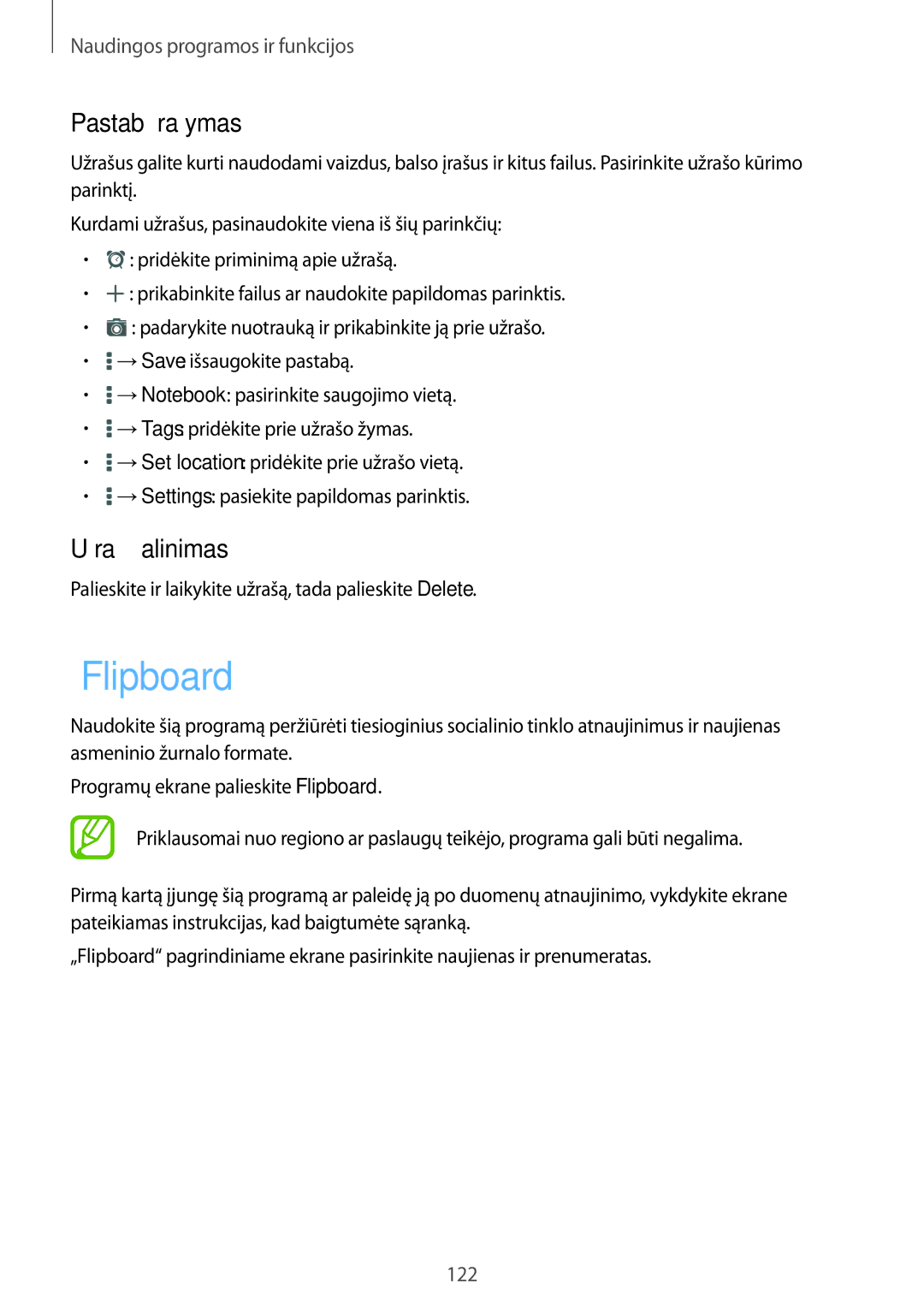 Samsung SM-T700NZWASEB, SM-T700NTSASEB manual „Flipboard, Pastabų rašymas, Užrašų šalinimas 