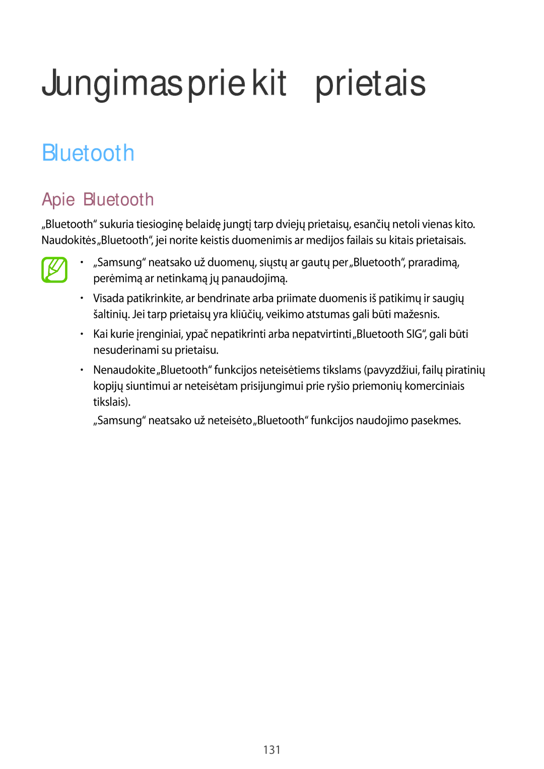 Samsung SM-T700NTSASEB, SM-T700NZWASEB manual Jungimas prie kitų prietaisų, Apie„Bluetooth 