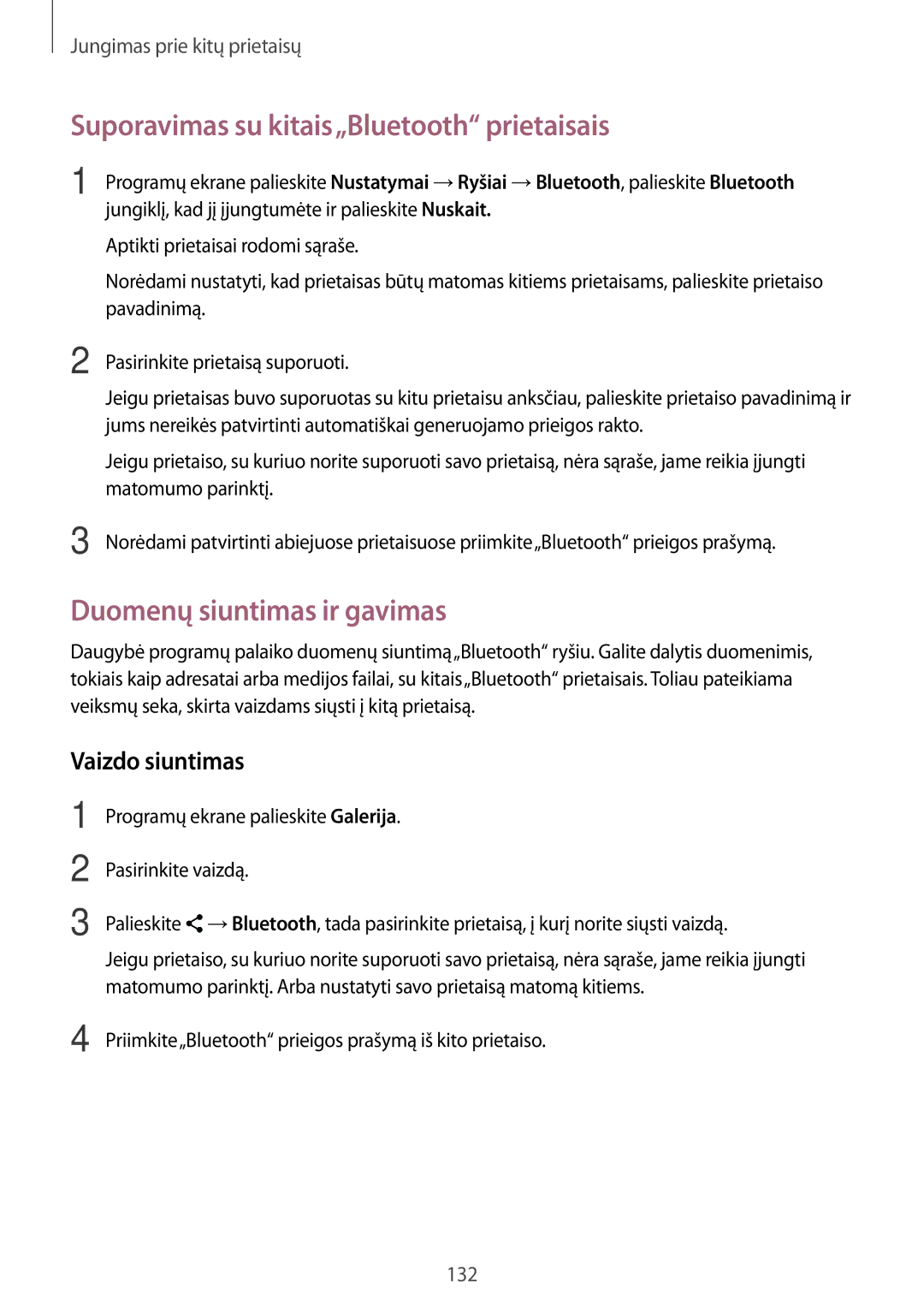 Samsung SM-T700NZWASEB manual Suporavimas su kitais„Bluetooth prietaisais, Duomenų siuntimas ir gavimas, Vaizdo siuntimas 