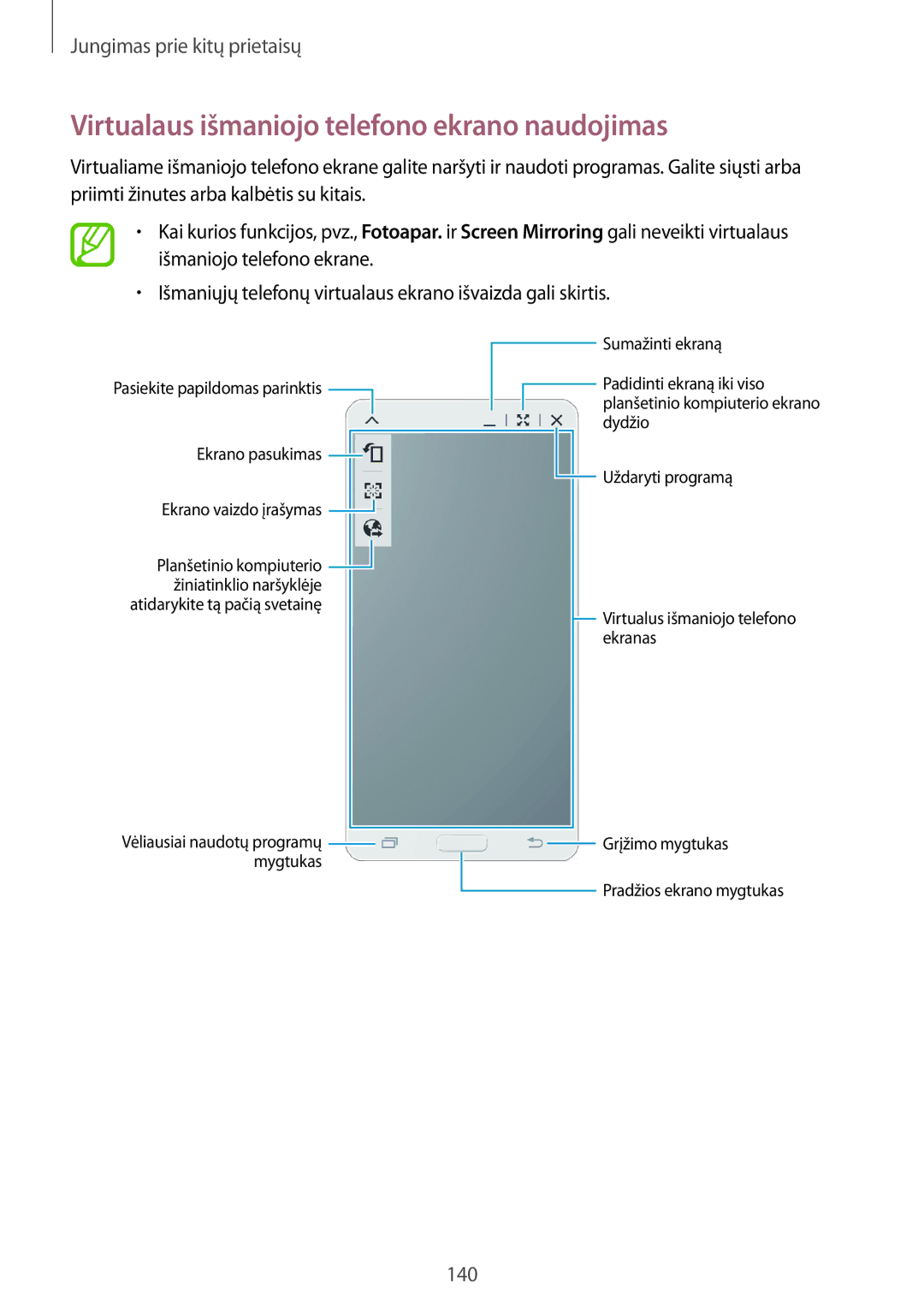 Samsung SM-T700NZWASEB, SM-T700NTSASEB manual Virtualaus išmaniojo telefono ekrano naudojimas 