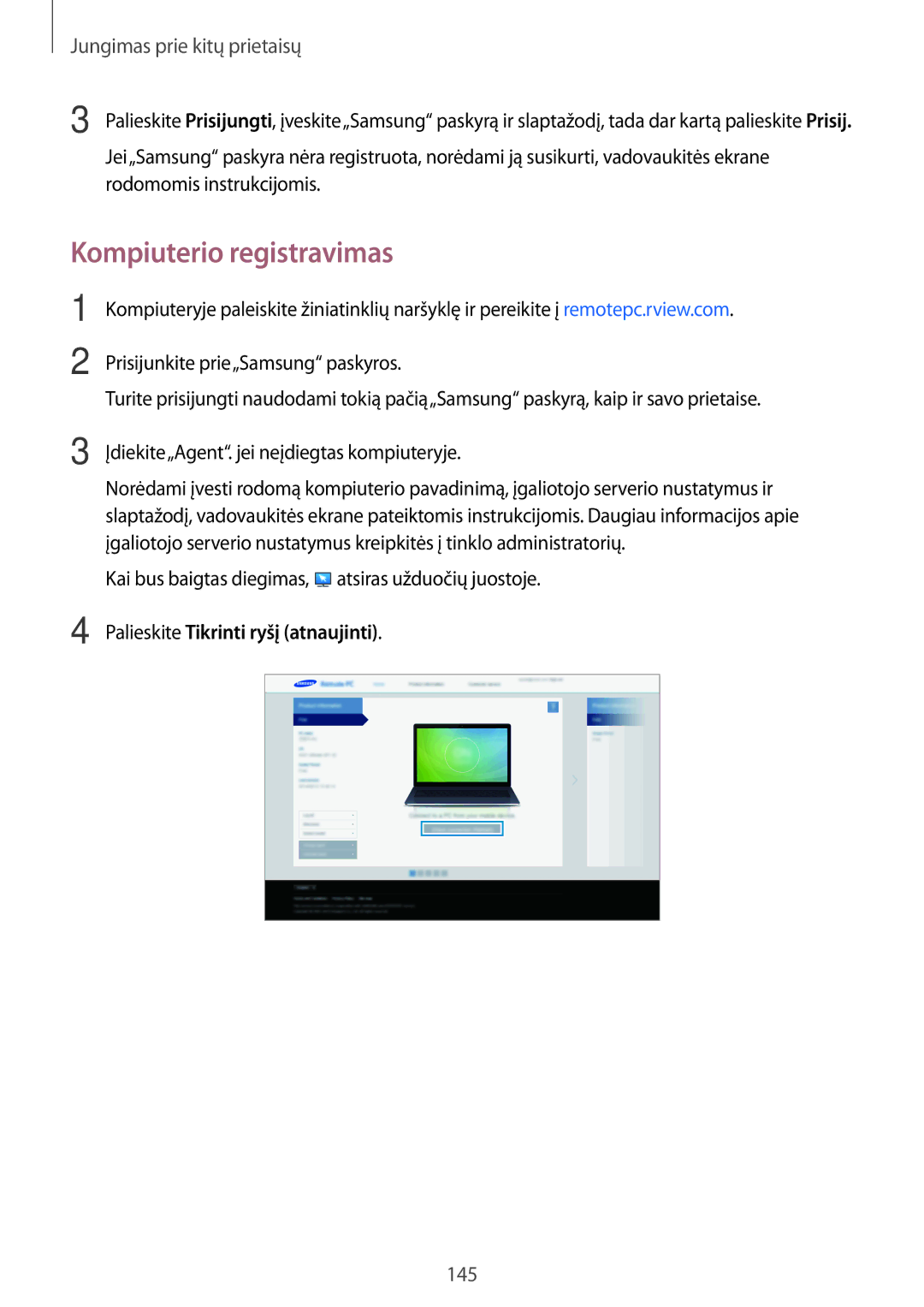 Samsung SM-T700NTSASEB, SM-T700NZWASEB manual Kompiuterio registravimas, Kai bus baigtas diegimas, atsiras užduočių juostoje 