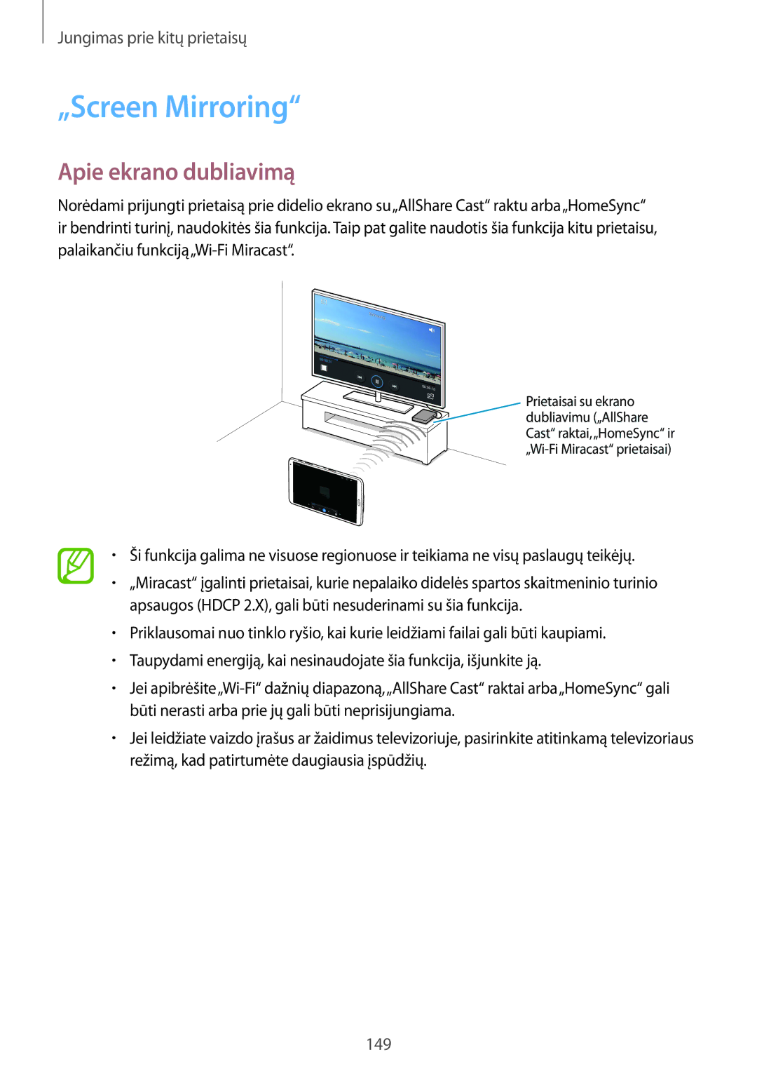 Samsung SM-T700NTSASEB, SM-T700NZWASEB manual „Screen Mirroring, Apie ekrano dubliavimą 