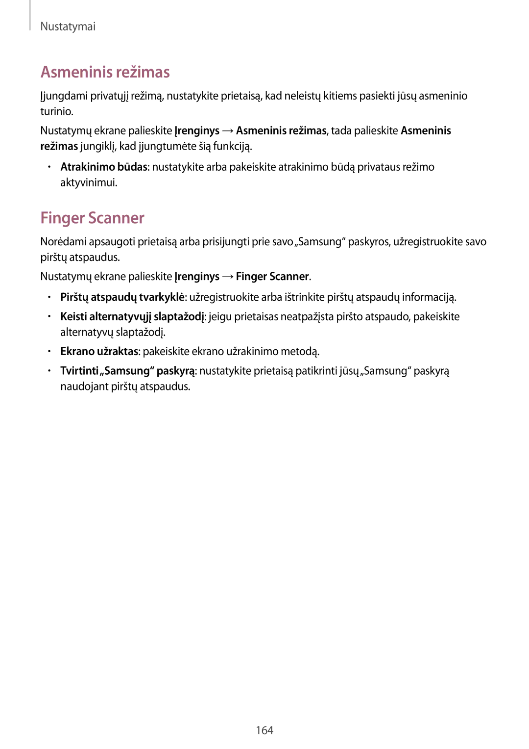 Samsung SM-T700NZWASEB, SM-T700NTSASEB manual Asmeninis režimas, Finger Scanner 