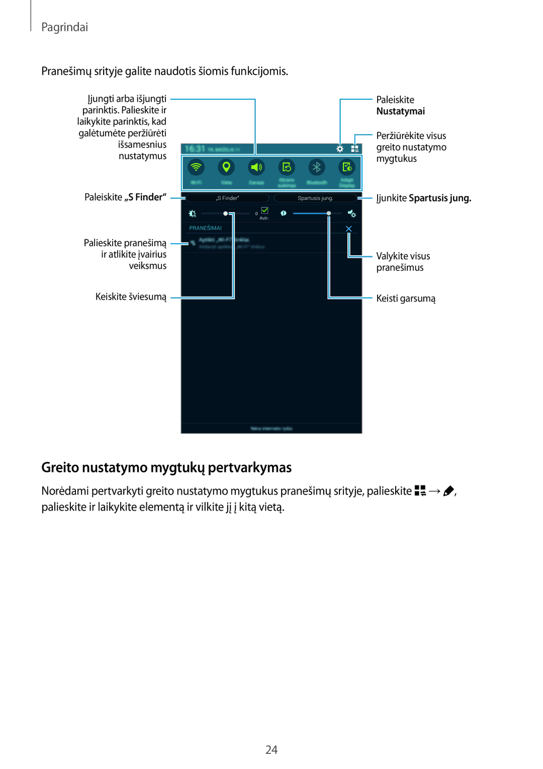 Samsung SM-T700NZWASEB manual Greito nustatymo mygtukų pertvarkymas, Pranešimų srityje galite naudotis šiomis funkcijomis 