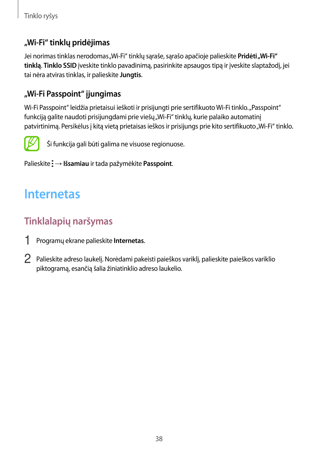 Samsung SM-T700NZWASEB manual Internetas, Tinklalapių naršymas, „Wi-Fi tinklų pridėjimas, „Wi-Fi Passpoint įjungimas 