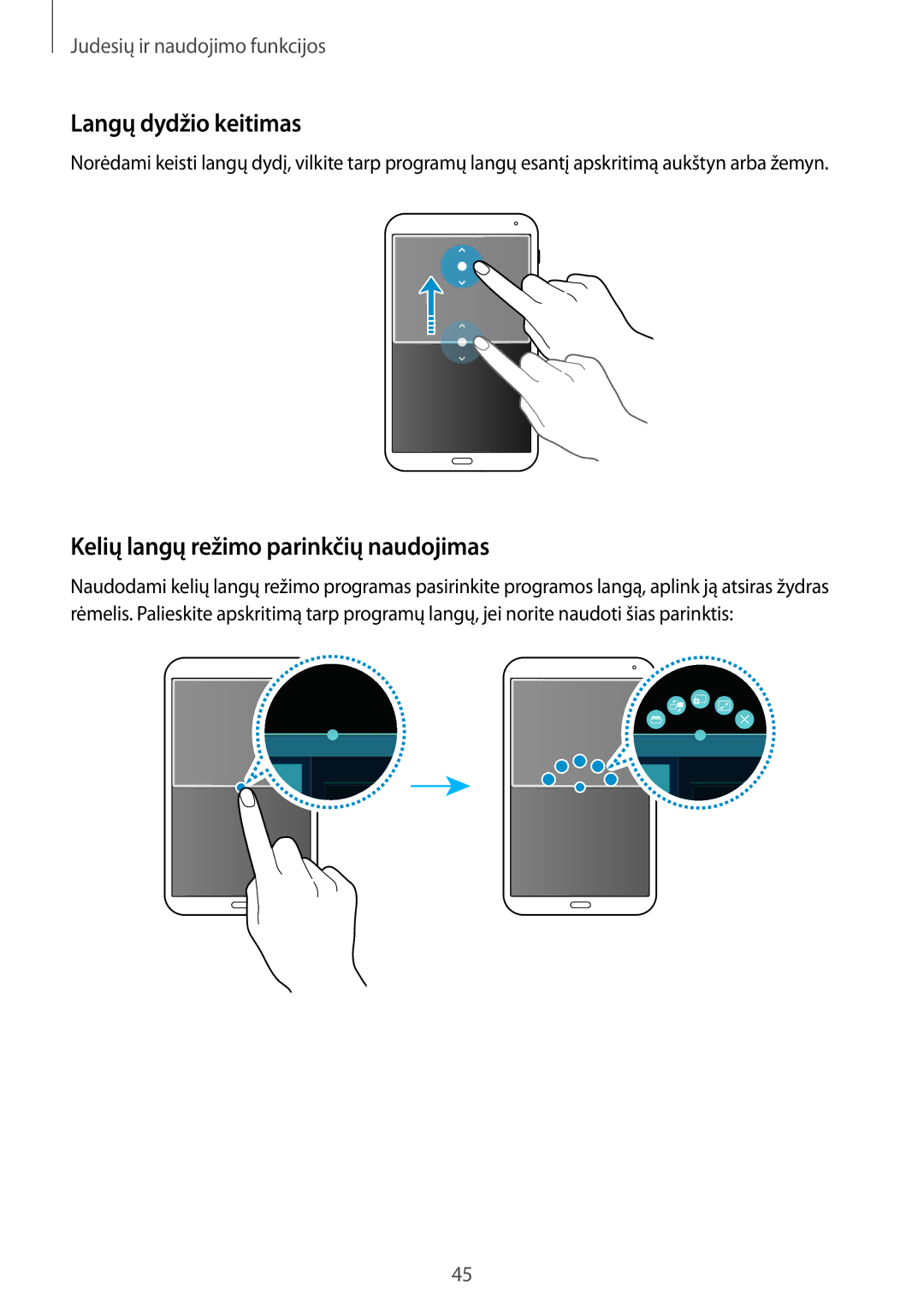 Samsung SM-T700NTSASEB, SM-T700NZWASEB manual Langų dydžio keitimas, Kelių langų režimo parinkčių naudojimas 