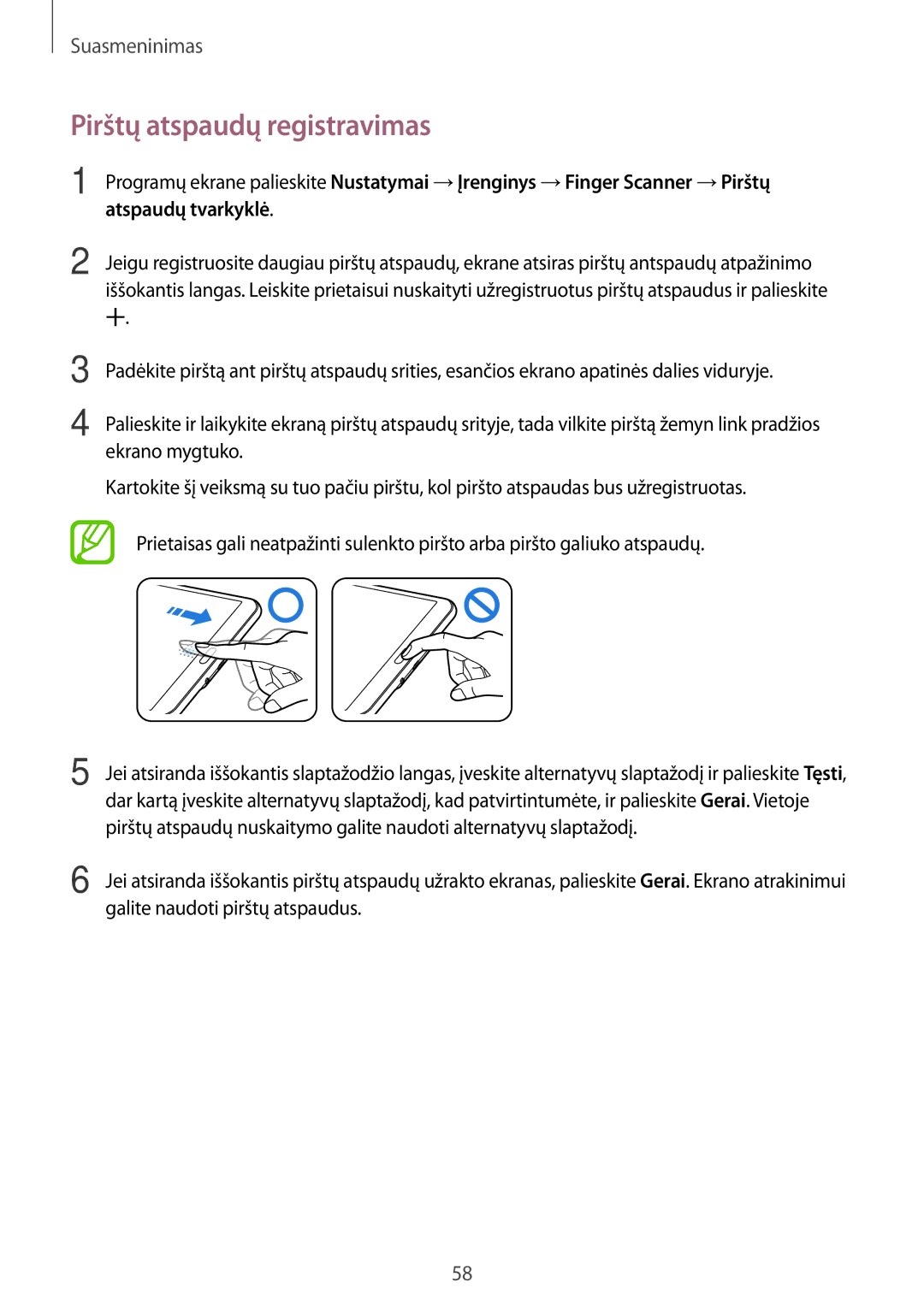 Samsung SM-T700NZWASEB, SM-T700NTSASEB manual Pirštų atspaudų registravimas, Galite naudoti pirštų atspaudus 