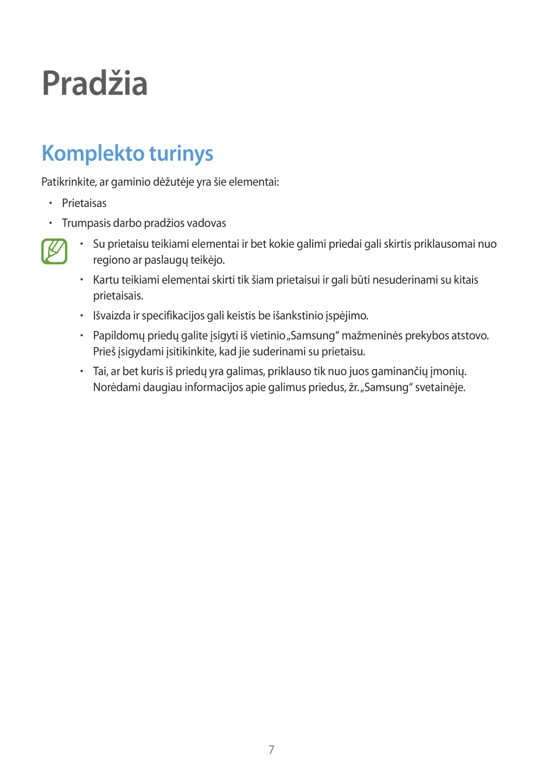 Samsung SM-T700NTSASEB, SM-T700NZWASEB manual Pradžia, Komplekto turinys 